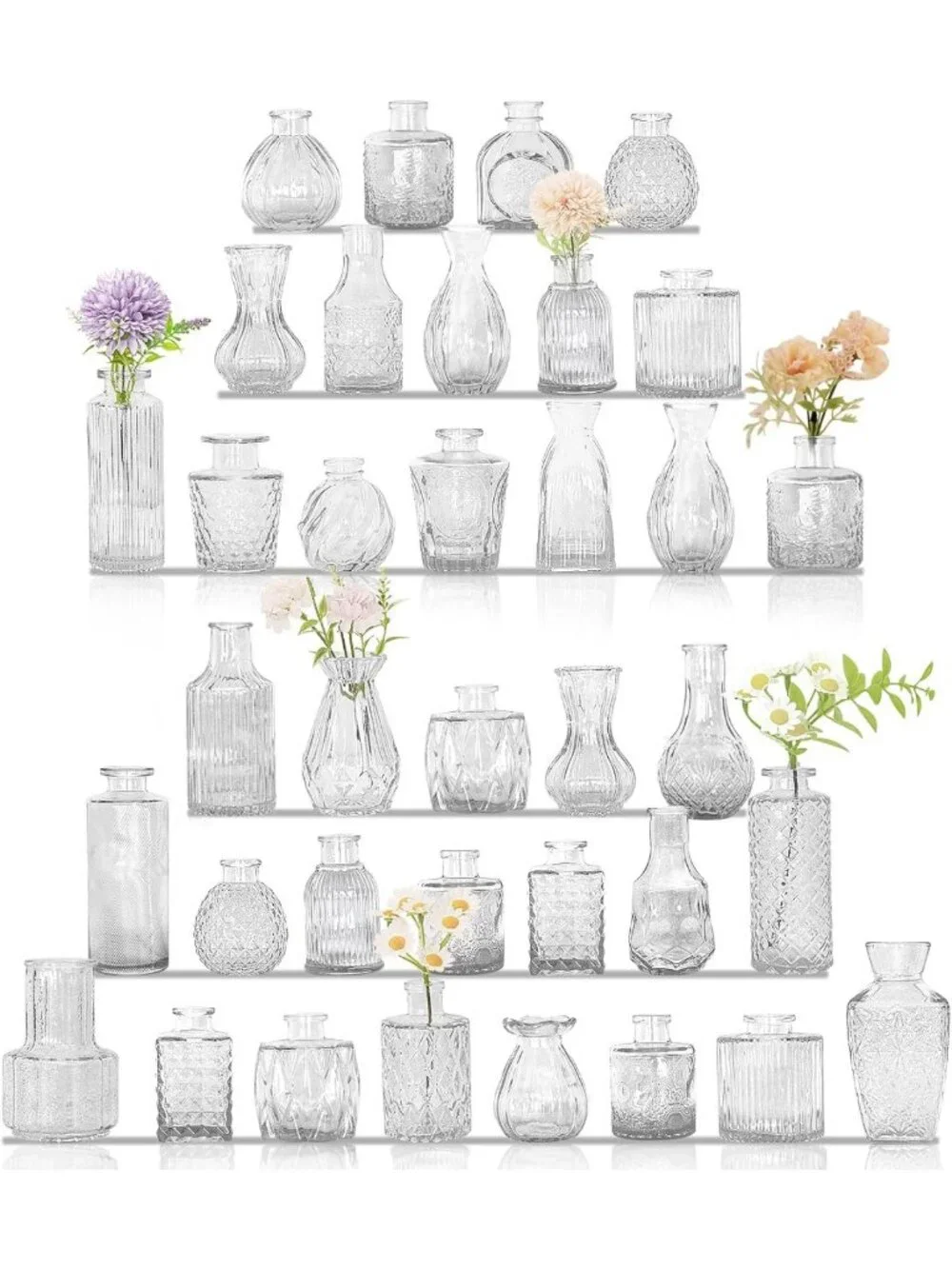 36Pcs Vintage Glass Bud Vases Set - Cute Clear Bottles for Rustic Decor